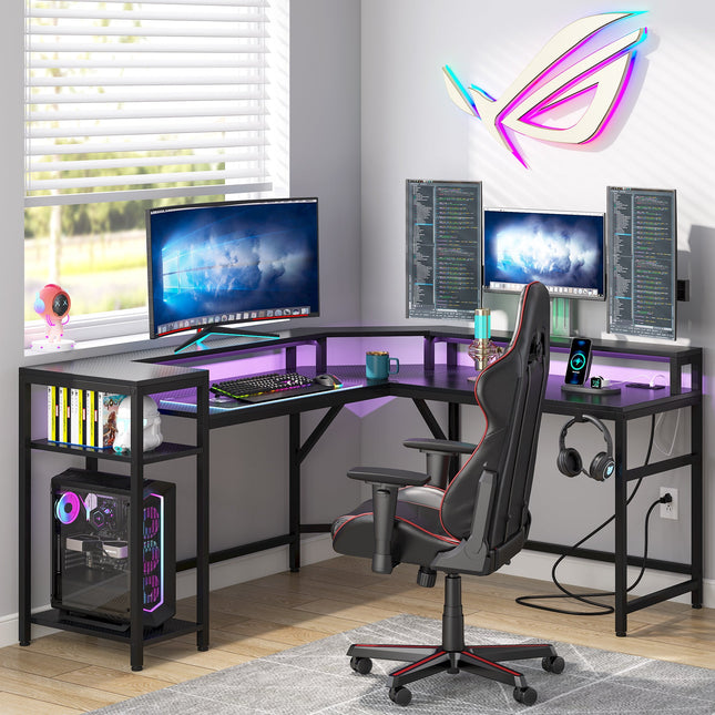 L Shaped Desk, Gaming Desk, L-Shaped Gaming Desk Computer Desk with Power Outlets & LED Strips, Black, Tribesigns, 1