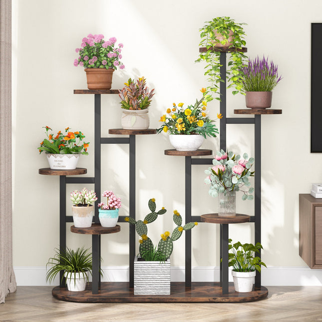 Plant Stand, Multi-Tiered 11 Potted Plant Shelf Flower Stands, Rustic Brown & Black