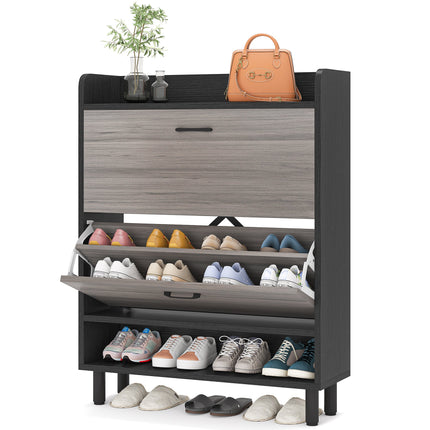 Tribesigns - Shoe Storage Cabinet, 3-Tier Shoe Organizer Rack, Black & Gray