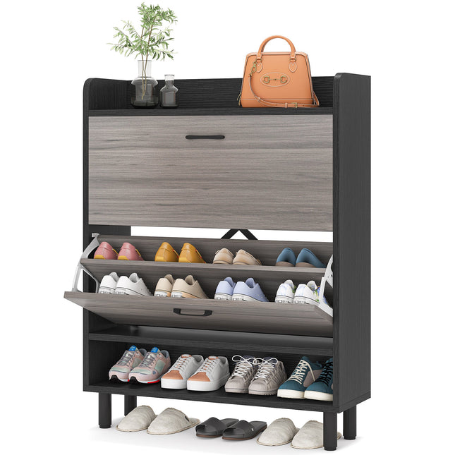 Shoe Storage Cabinet, 3-Tier Shoe Organizer Rack, Black & Gray, Tribesigns