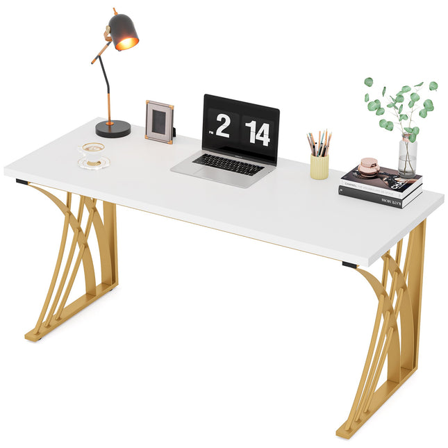 Computer Desk, 55-Inch Modern Laptop PC Student Table, White & Gold