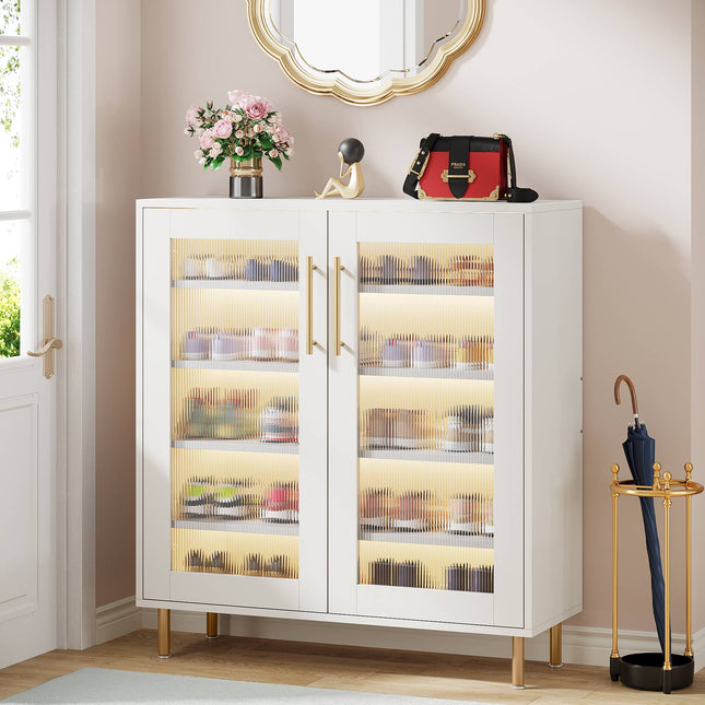 Shoe Cabinet, 5-Tier Shoe Organizer with LED Light & Acrylic Doors, White & Gold