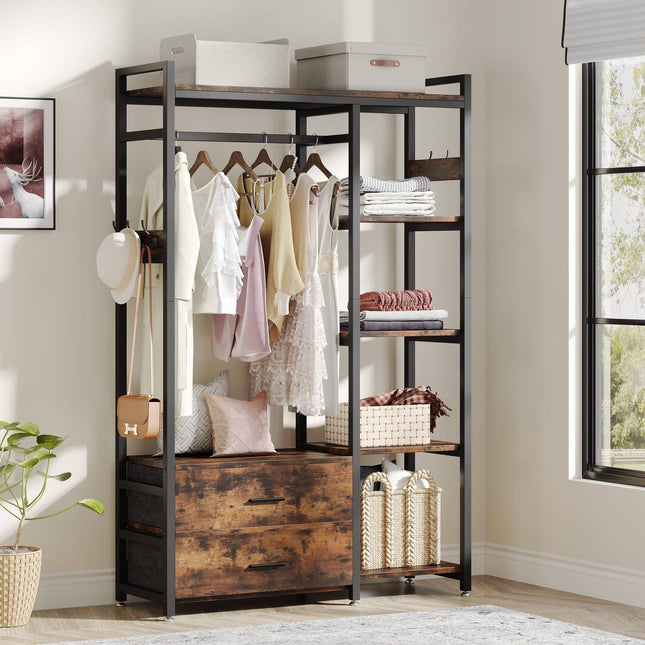 Closet Organizer, Freestanding Closet Organizer, Garment Rack with 2 Fabric Drawers, Rustic Brown, Tribesigns, 1