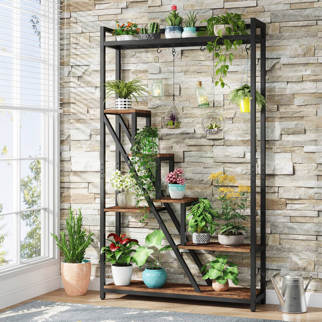 Plant Stand, 7-Tier 70.9-Inch Tall Flower Plant Shelf with 5 S-Hooks