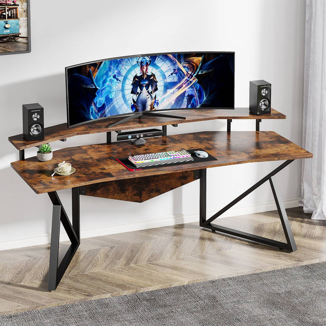 Computer Desk 70.9-Inch, Study Table Gaming Desk with Monitor Stand, Rustic Brown