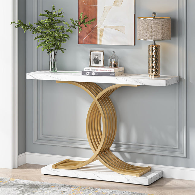 Console Table, 40-Inch Faux Marble Entryway Hallway Sofa Table Tribesigns, Faux Marble White Gold, 2
