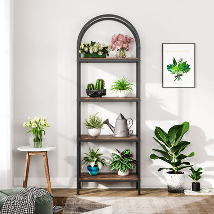 4-Tier Bookshelf, Arched Bookcase Display Rack with Storage Shelves, Rustic Brown, Tribesigns, 3