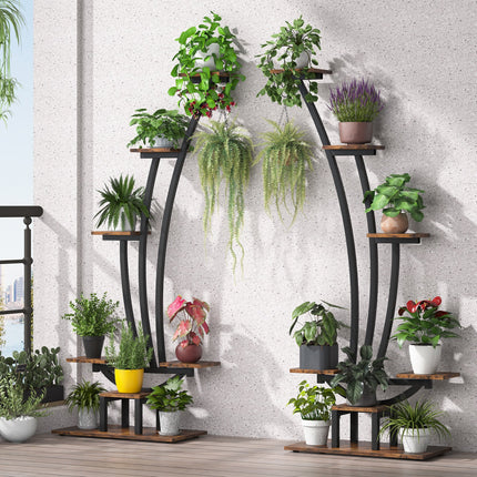 Tribesigns Plant Stand, Metal Curved Display Shelf Pack of 2, Rustic Brown, 1
