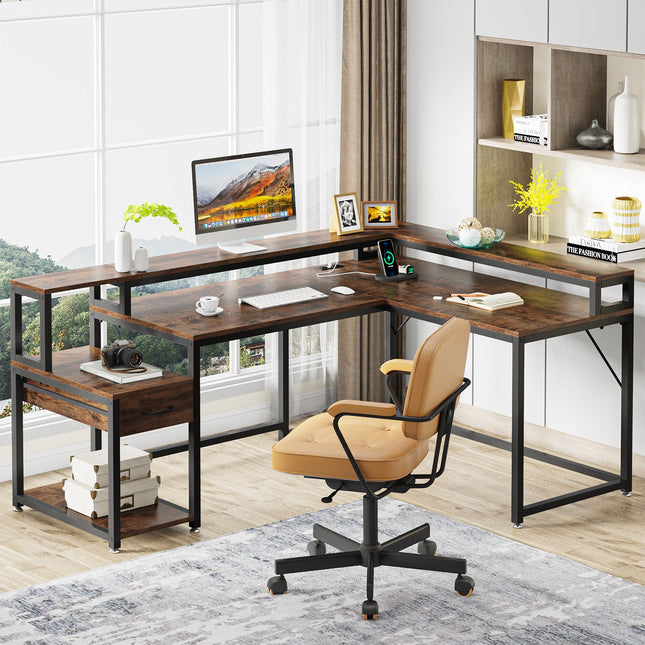 L Shaped Desk, L Shaped Desk Corner Desk with Power Outlets & Monitor Stand, Wood, Tribesigns