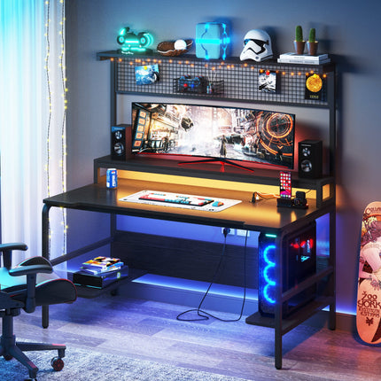 Gaming Desk, Gaming Desk with 2-Outlet & 2 USB Ports, Computer Desk with Monitor Stand, Tribesigns, 3