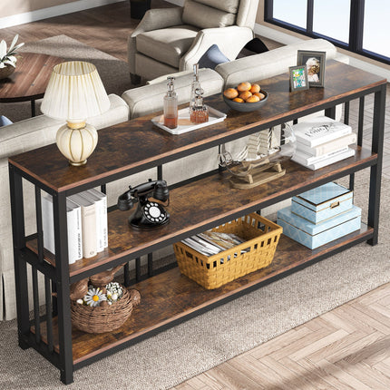 Tribesigns - Console Table, 70.9" Sofa Table, 3 Tiers Narrow Long Sofa Table, Rustic Brown & Black