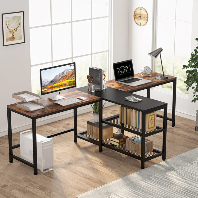 Two Person Desk, 94.5-Inch Double Computer Desk with Shelves, Brown & Black, Tribesigns, 2