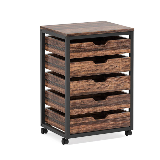 5 Drawer Chest, Wood Storage Dresser Cabinet with Wheels, Rustic Brown, 1