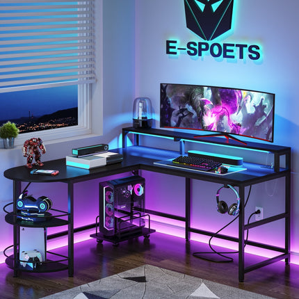 Tribesigns - L-Shaped Gaming Desk, 55" Computer Desk with LED Strip & Shelves, black