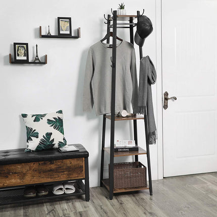VASAGLE - Industrial Coat Rack, Coat Stand with 3 Shelves, Hall Trees Free Standing with Hooks and Clothes Rail, Metal Frame