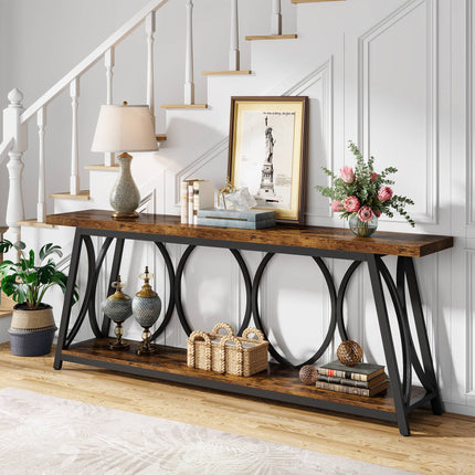 Console Table, 70.9-Inch Industrial Sofa Table Behind Couch with 2-Tier Shelves Tribesigns, Rustic Brown, 4