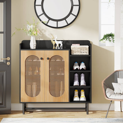 Tribesigns Shoe Cabinet, Rattan Shoe Storage Organizer with Doors & Open Shelves Tribesigns, 3