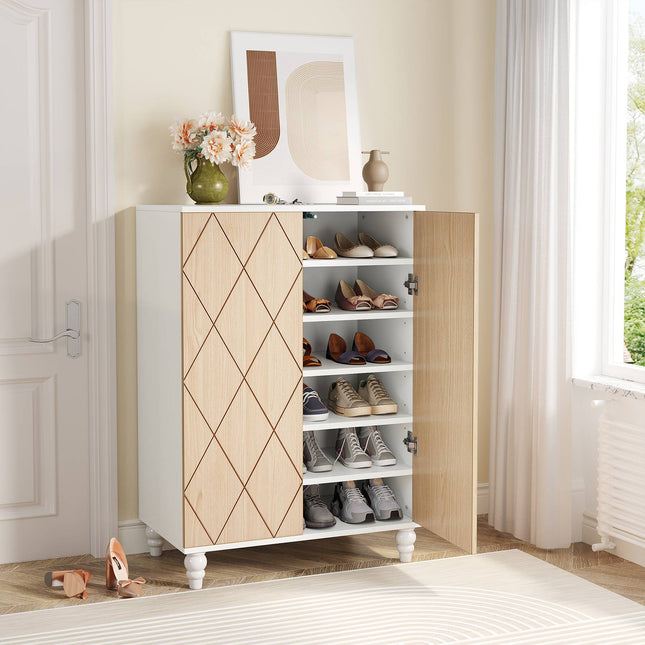 Shoe Rack, Shoe Cabinet, Hidden Shoe Storage, 2-Door Shoe Organizer Cabinets with Solid Wood Legs, Maple & White, Tribesigns