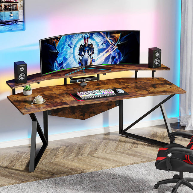 Tribesigns - Computer Desk 70.9", Study Table Gaming Desk with Monitor Stand, Rustic Brown