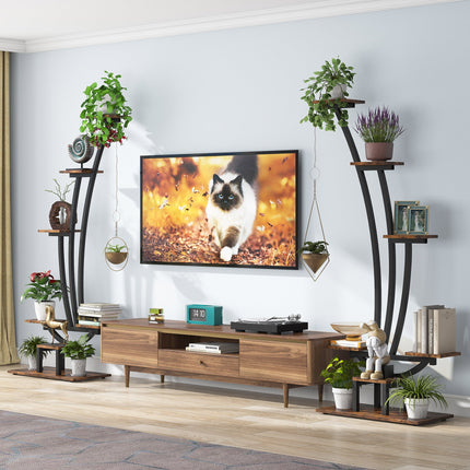 Plant Stand, Metal Curved Display Shelf Pack of 2, Rustic Brown, 2