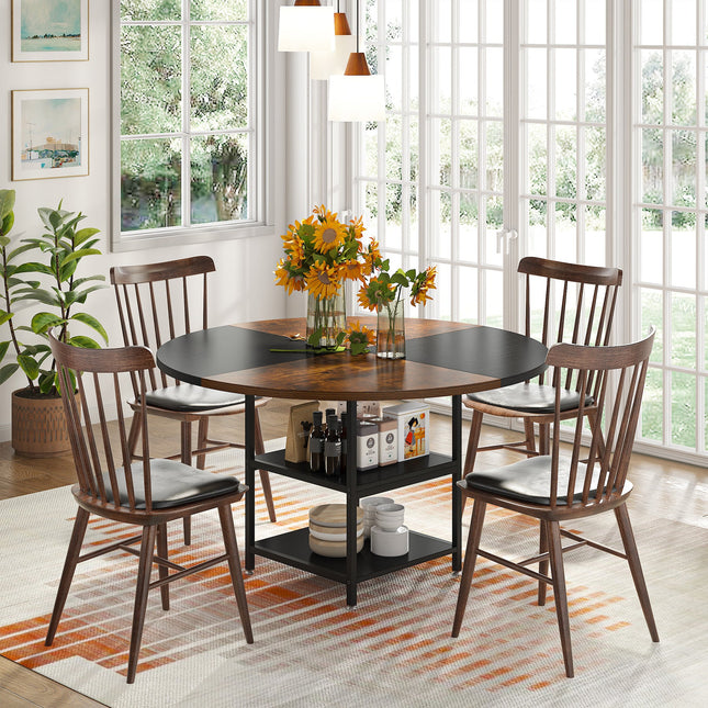 Dining Table, Round Dining Table, 47-Inch, Dining Table with Storage, Rustic Brown, Tribesigns, 1