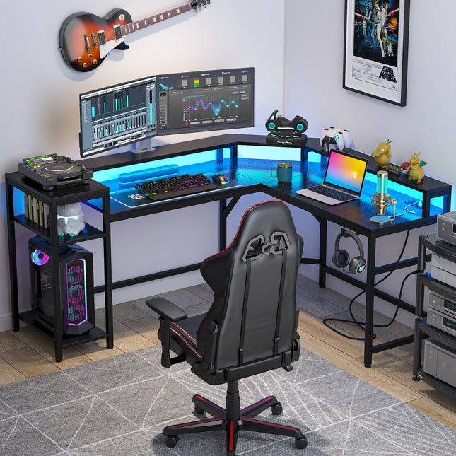 L Shaped Desk, Gaming Desk, L-Shaped Gaming Desk Computer Desk with Power Outlets & LED Strips, Black, Tribesigns, 2