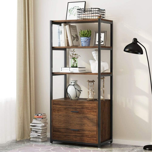 Bookshelf, 4 Tier Etagere Display Bookcase with 2 Drawers