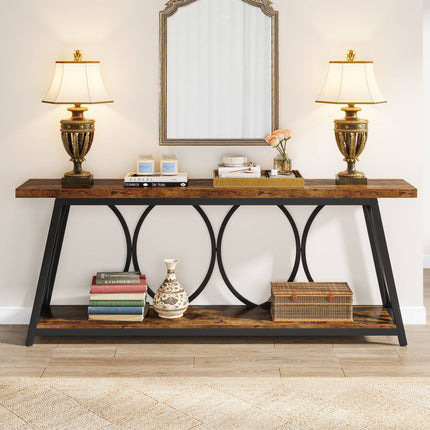 Console Table, 70.9-Inch Industrial Sofa Table Behind Couch with 2-Tier Shelves Tribesigns, Rustic Brown, 2
