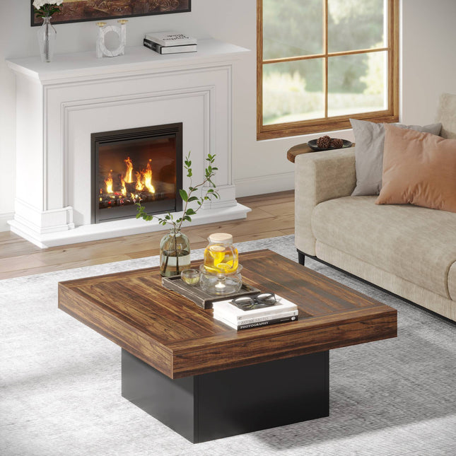 Coffee Table, Square Coffee Table,Cocktail Table, Farmhouse Wood Cocktail Table with LED Light, Rustic, Tribesigns, 2