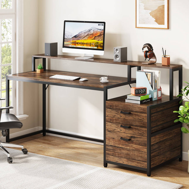 Computer Desk, 63-Inch Home Office Desk with Drawers Monitor Stand Tribesigns, Rustic Brown, 2