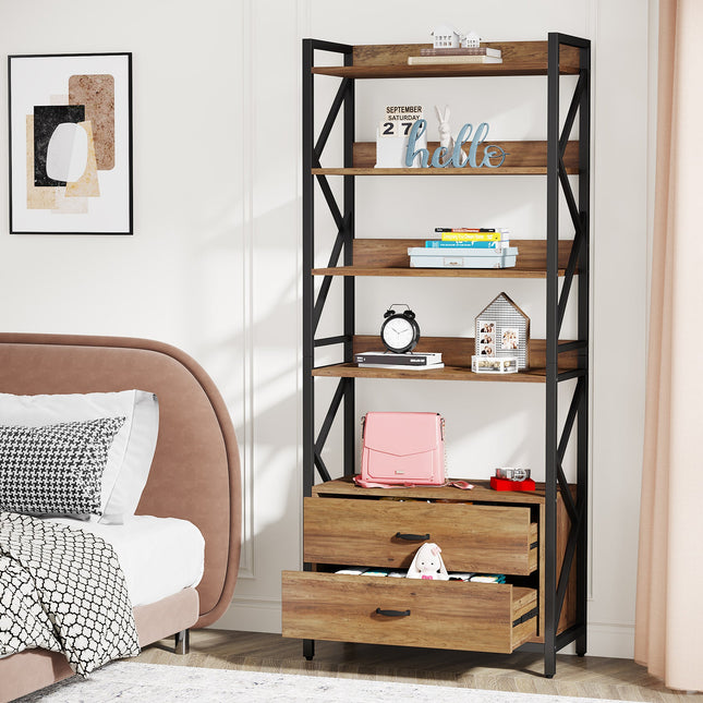 Tribesigns Bookshelf, 70.86-Inch Industrial 5-Tier Bookcase with 2 Drawers Tribesigns
