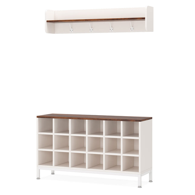 Tribesigns - Coat Rack Shoe Bench Set, Hall Tree with Bench and 18 Shoe Cubbies, White and Brown