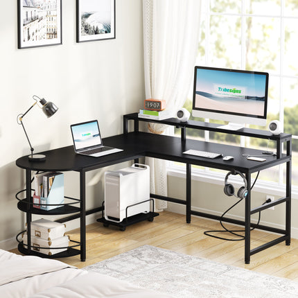 L-Shaped Gaming Desk, 55" Computer Desk with LED Strip & Shelves, black
