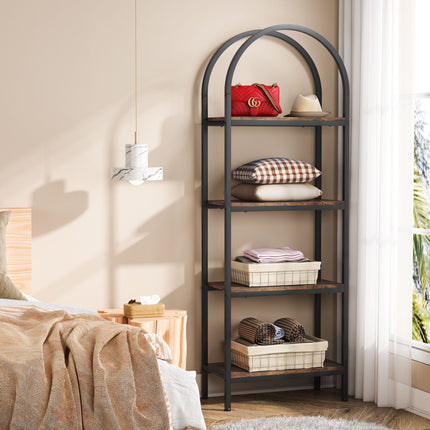 4-Tier Bookshelf, Arched Bookcase Display Rack with Storage Shelves, Rustic Brown, Tribesigns, 4