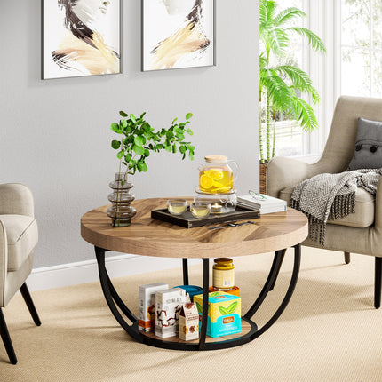 Coffee Table, 2-Tier, Round Coffee Table, Wooden Central Cocktail Table with Shelves, Tribesigns, 4