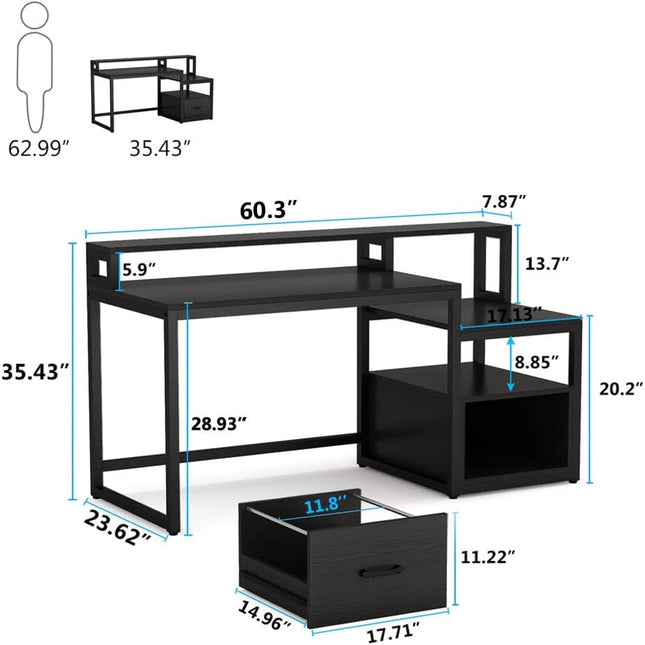 Computer Desk with Drawers, Large Computer Desk with Storage Shelves & File Drawer, Black Writing Desk, 1