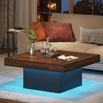 Coffee Table, Square Coffee Table,Cocktail Table, Farmhouse Wood Cocktail Table with LED Light, Rustic, Tribesigns, 3