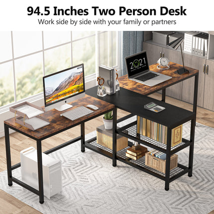 Two Person Desk, 94.5" Double Computer Desk with Shelves, Brown & Black, Tribesigns, 5