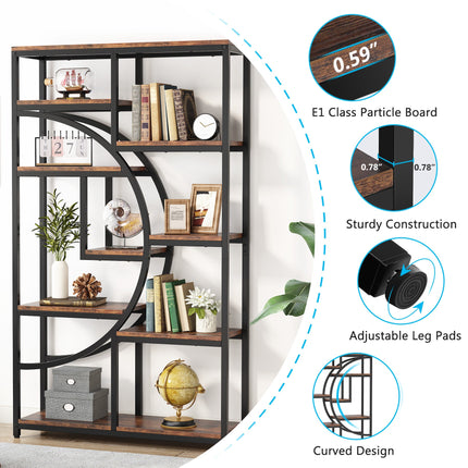 Freestanding Bookshelf, 68.9-Inch Etagere Bookcase with 9 Open Shelves, Rustic Brown Black, Tribesigns, 4