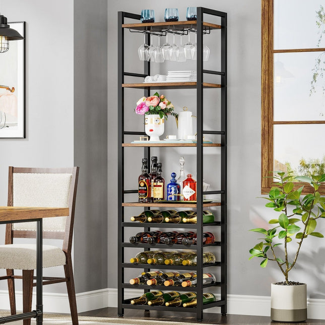 Wine Rack, 9 Tier 20 Bottle, Tall Wine Rack, Wine Bar Cabinet with Glass Holder, Rustic Brown, Tribesigns , 1