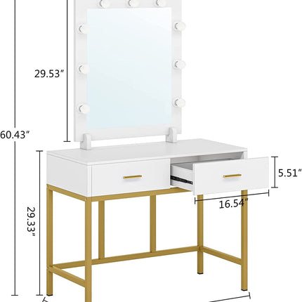 Makeup Vanity, Dressing Table with 9 Lights and 2 Drawers, White & Gold, Tribesigns