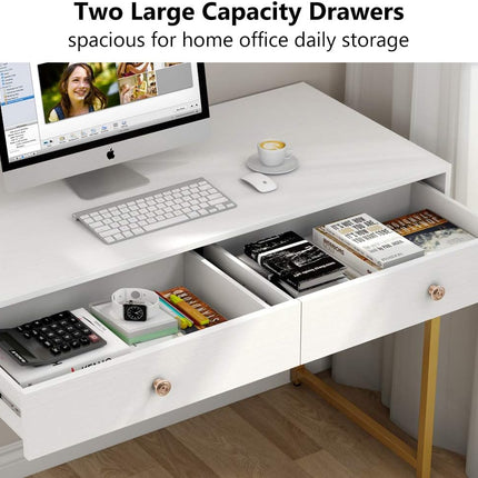 Tribesigns - Computer Desk, Modern Simple 47 inch Home Office Desk with 2 Storage Drawers, Makeup Vanity Console Table, White and Gold