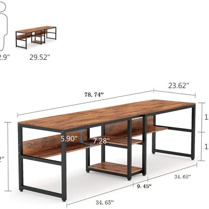 Two Person Desk, 78.7" Computer Double Desk with Bookshelf, Rustic, Tribesigns, 6