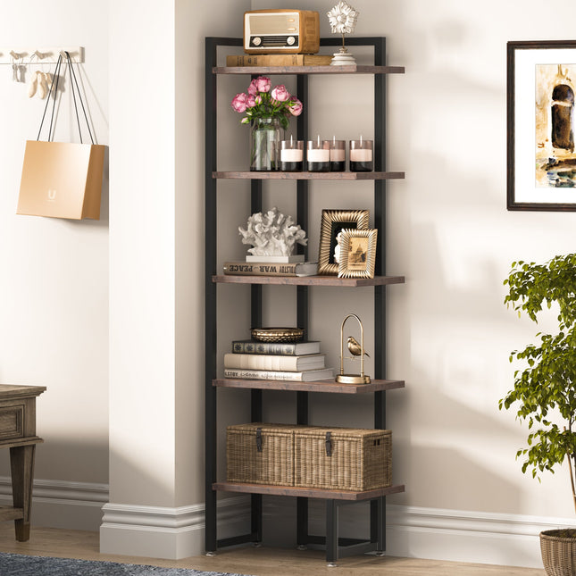 Industrial Corner Shelf, 5 Tier Corner Bookshelf  Storage Rack