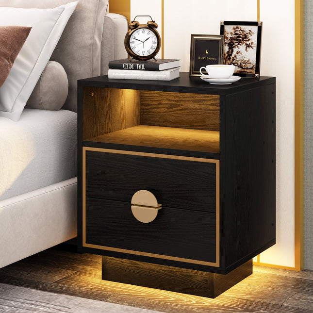 End Tabl, LED Nightstand, 2 Drawers Bedside End Table with Led Lights, Black, Tribesign, 1