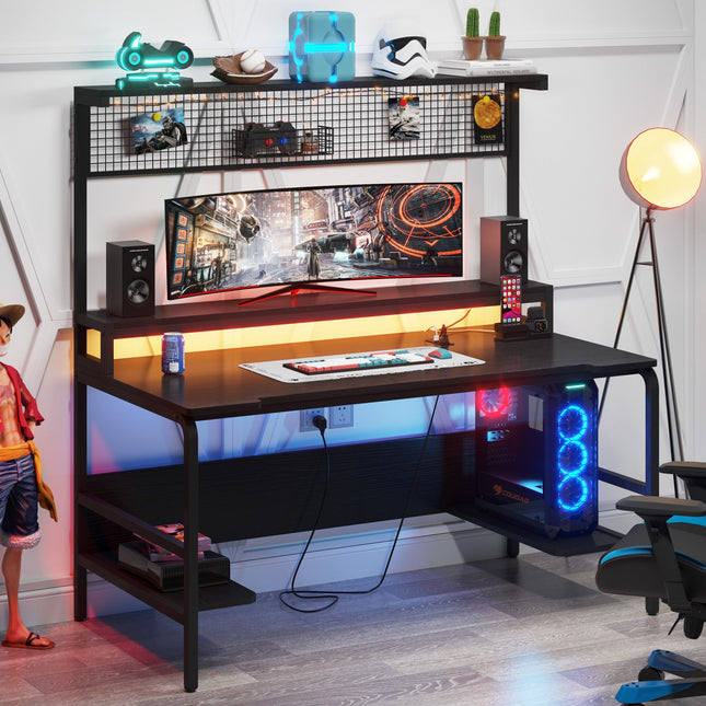 Gaming Desk, Gaming Desk with 2-Outlet & 2 USB Ports, Computer Desk with Monitor Stand, Tribesigns, 1