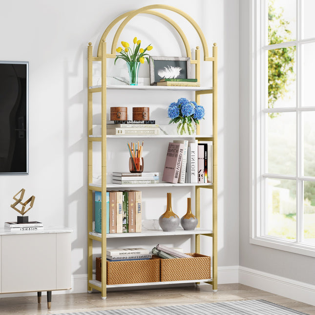 Bookshelf, 72.44-Inch Arched Etagere Bookcase 5-Tier Shelves