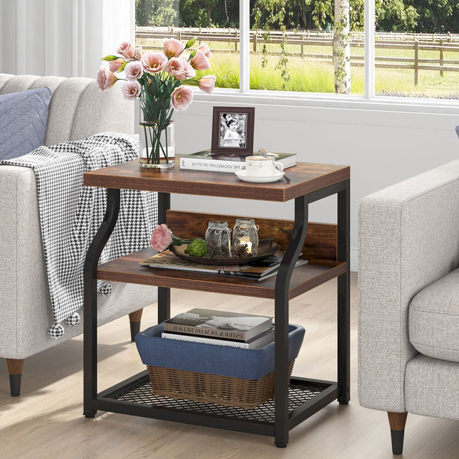 End Side Table, Industrial 3-Shelf Nightstand Printer Stand