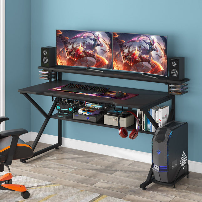 Gaming Desk, 47-Inch, Gaming Computer Desk, Gaming PC Desk, Computer Desk with Monitor Stand and Shelf, Black, Tribesigns, 2