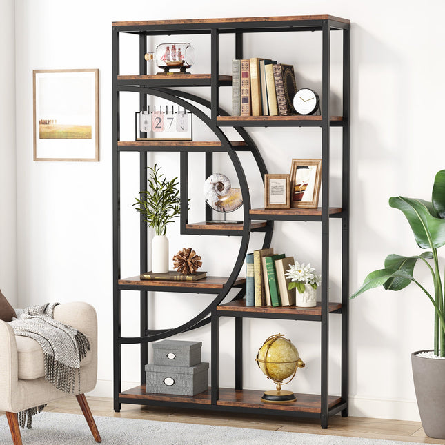 Freestanding Bookshelf, 68.9-Inch Etagere Bookcase with 9 Open Shelves, Rustic Brown Black, Tribesigns